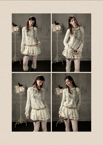 Light Yarn Lace Patchwork Long-Sleeve Beige Halter Short Dress【s0000018933】