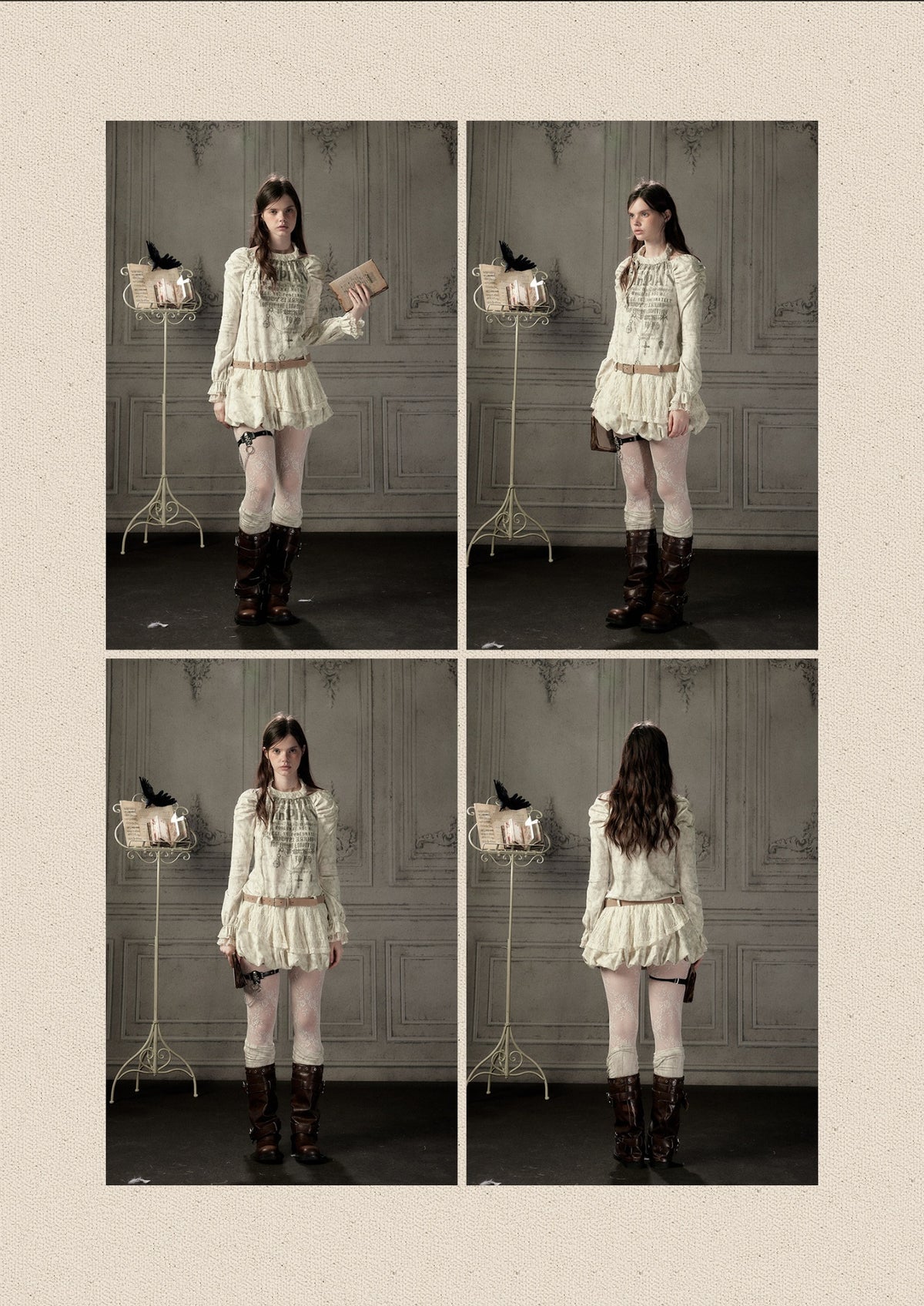 Light Yarn Lace Patchwork Long-Sleeve Beige Halter Short Dress【s0000018933】