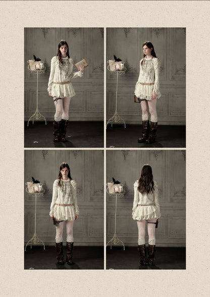 Light Yarn Lace Patchwork Long-Sleeve Beige Halter Short Dress【s0000018933】