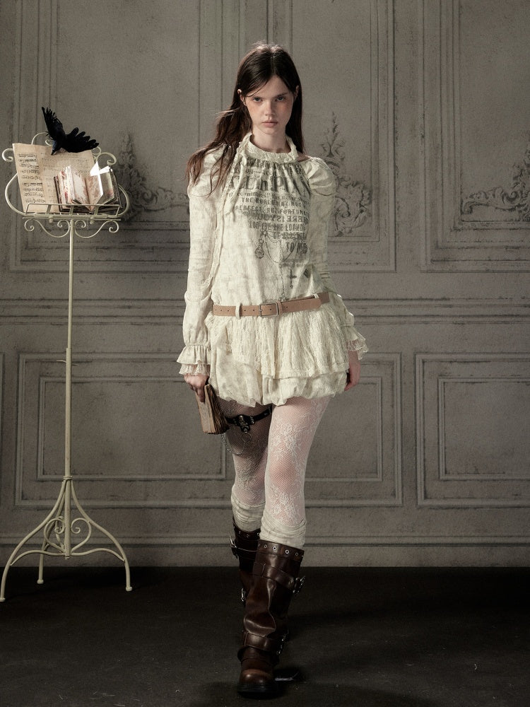 Light Yarn Lace Patchwork Long-Sleeve Beige Halter Short Dress【s0000018933】