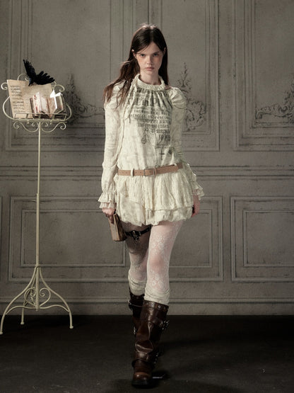 Light Yarn Lace Patchwork Long-Sleeve Beige Halter Short Dress【s0000018933】