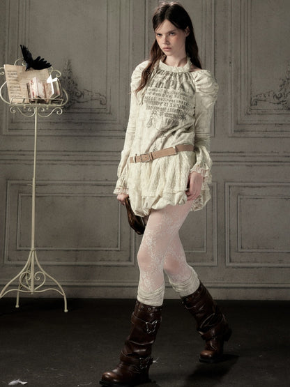 Light Yarn Lace Patchwork Long-Sleeve Beige Halter Short Dress【s0000018933】