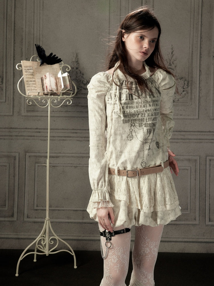 Light Yarn Lace Patchwork Long-Sleeve Beige Halter Short Dress【s0000018933】