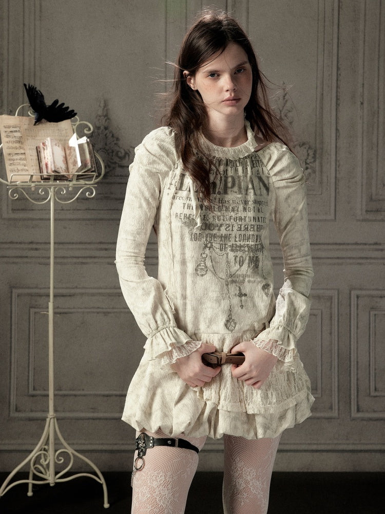 Light Yarn Lace Patchwork Long-Sleeve Beige Halter Short Dress【s0000018933】