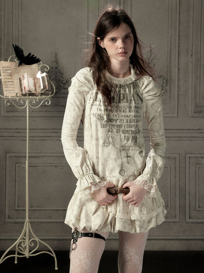 Light Yarn Lace Patchwork Long-Sleeve Beige Halter Short Dress【s0000018933】