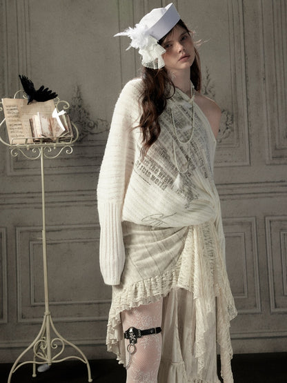 Bat-Sleeve Beige Off-Shoulder Knit Sweater【s0000018934】