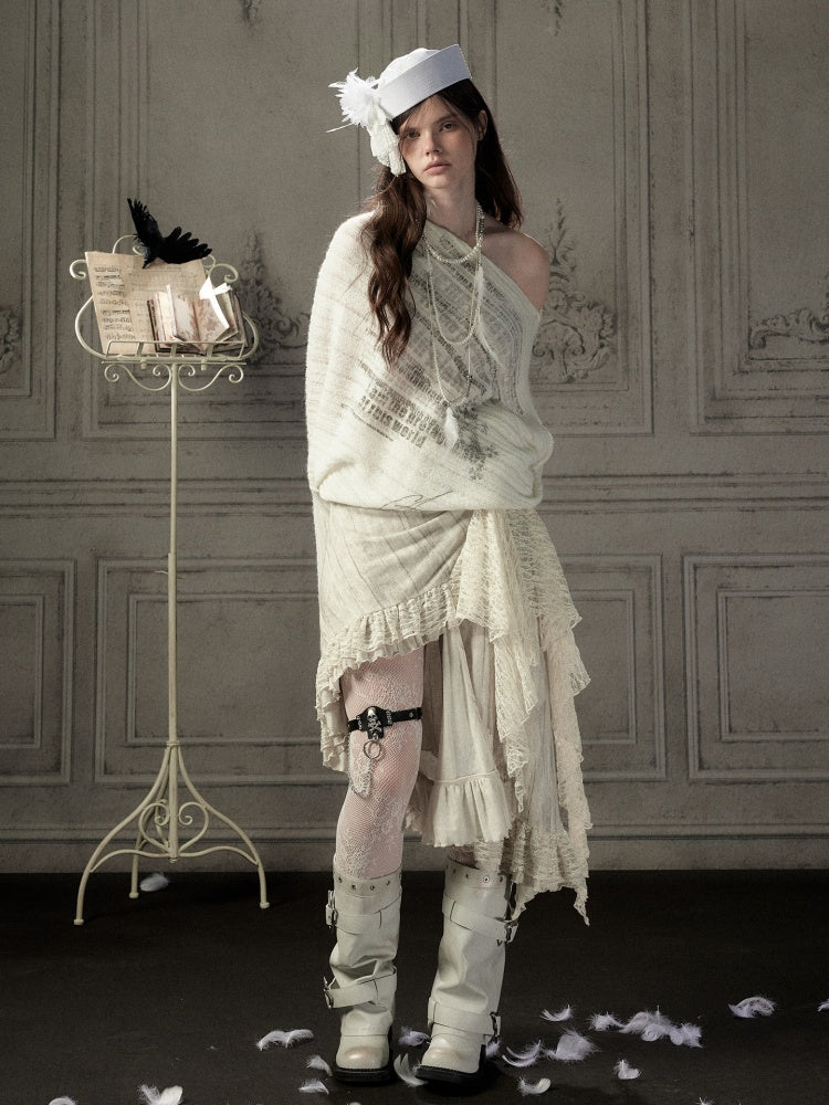 Bat-Sleeve Beige Off-Shoulder Knit Sweater【s0000018934】