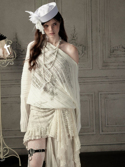 Bat-Sleeve Beige Off-Shoulder Knit Sweater【s0000018934】