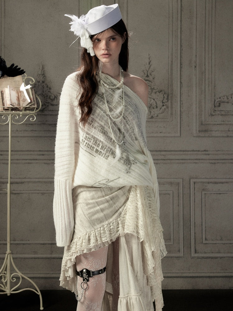 Bat-Sleeve Beige Off-Shoulder Knit Sweater【s0000018934】