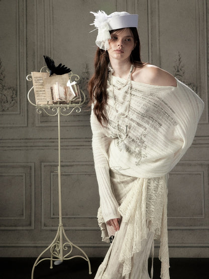 Bat-Sleeve Beige Off-Shoulder Knit Sweater【s0000018934】