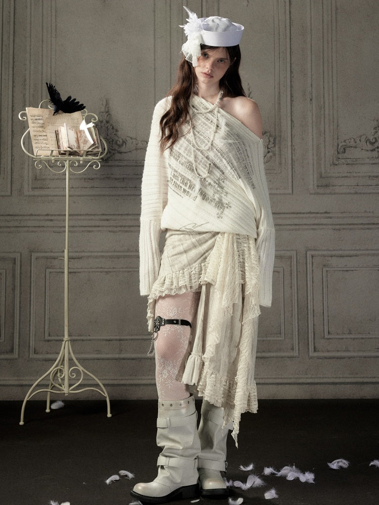 Bat-Sleeve Beige Off-Shoulder Knit Sweater【s0000018934】
