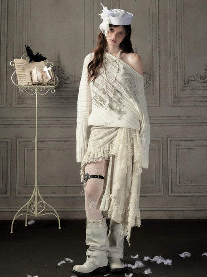 Bat-Sleeve Beige Off-Shoulder Knit Sweater【s0000018934】