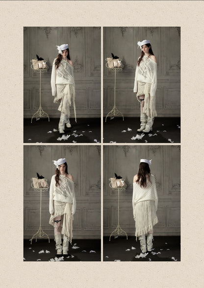 Bat-Sleeve Beige Off-Shoulder Knit Sweater【s0000018934】