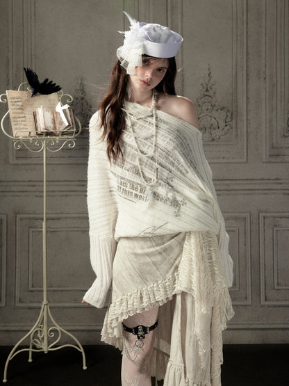 Bat-Sleeve Beige Off-Shoulder Knit Sweater【s0000018934】