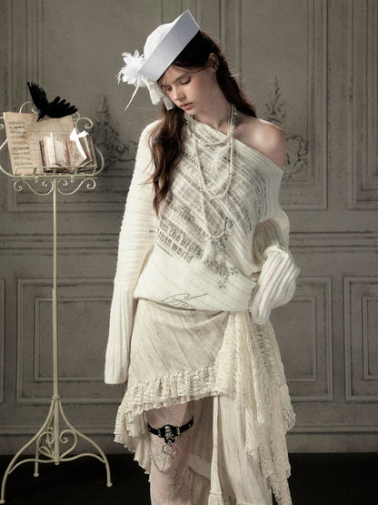 Bat-Sleeve Beige Off-Shoulder Knit Sweater【s0000018934】