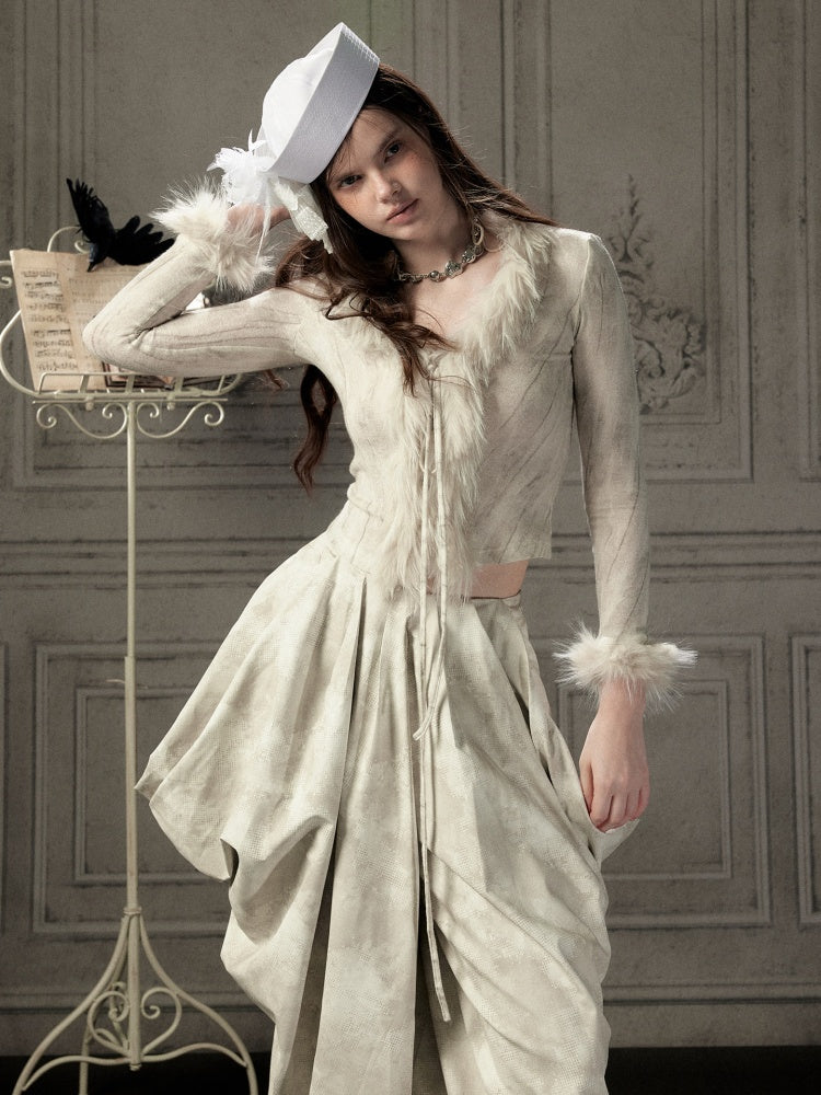 Fur Collar Beige Long Sleeve Short Top【s0000018935】