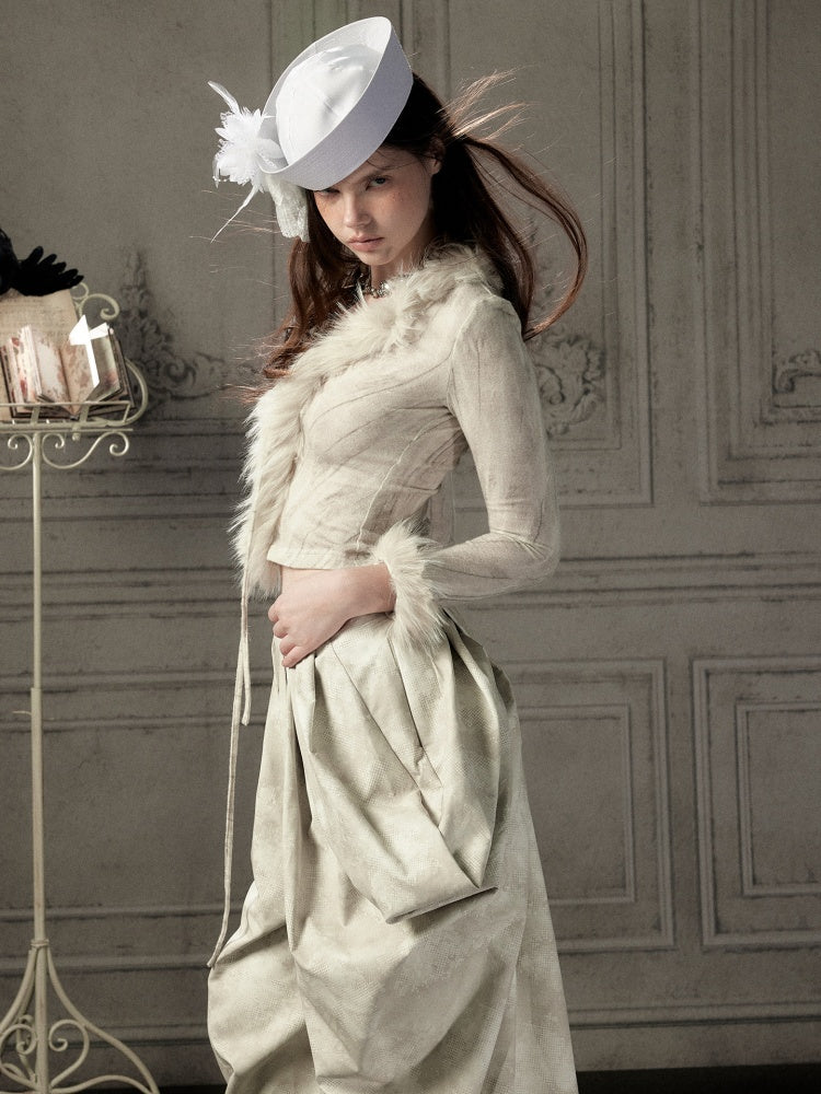 Fur Collar Beige Long Sleeve Short Top【s0000018935】