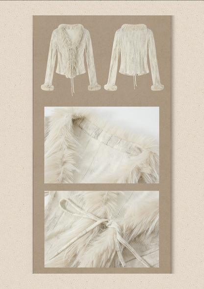 Fur Collar Beige Long Sleeve Short Top【s0000018935】