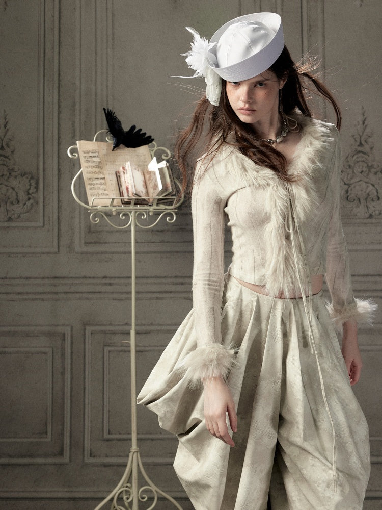 Fur Collar Beige Long Sleeve Short Top【s0000018935】