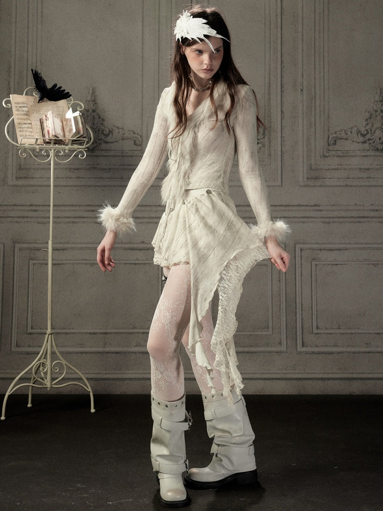 Fur Collar Beige Long Sleeve Short Top【s0000018935】