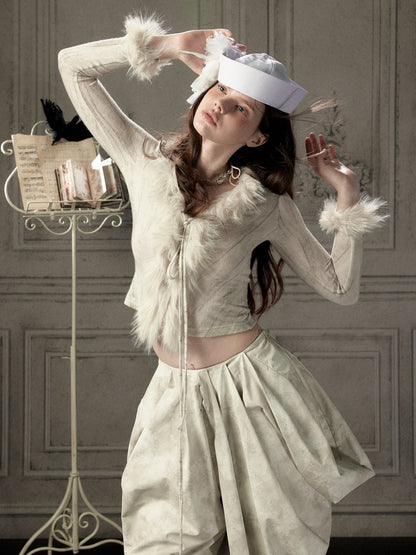Fur Collar Beige Long Sleeve Short Top【s0000018935】