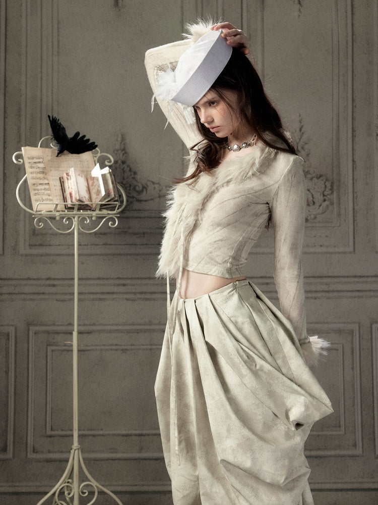 Fur Collar Beige Long Sleeve Short Top【s0000018935】