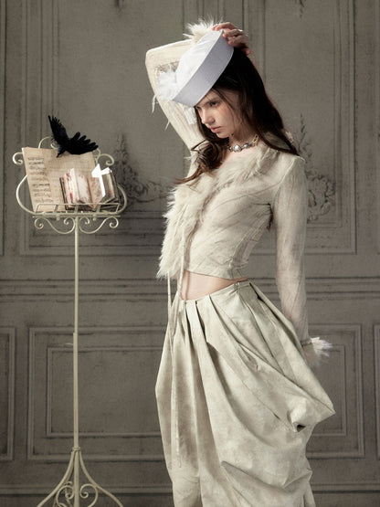 Fur Collar Beige Long Sleeve Short Top【s0000018935】