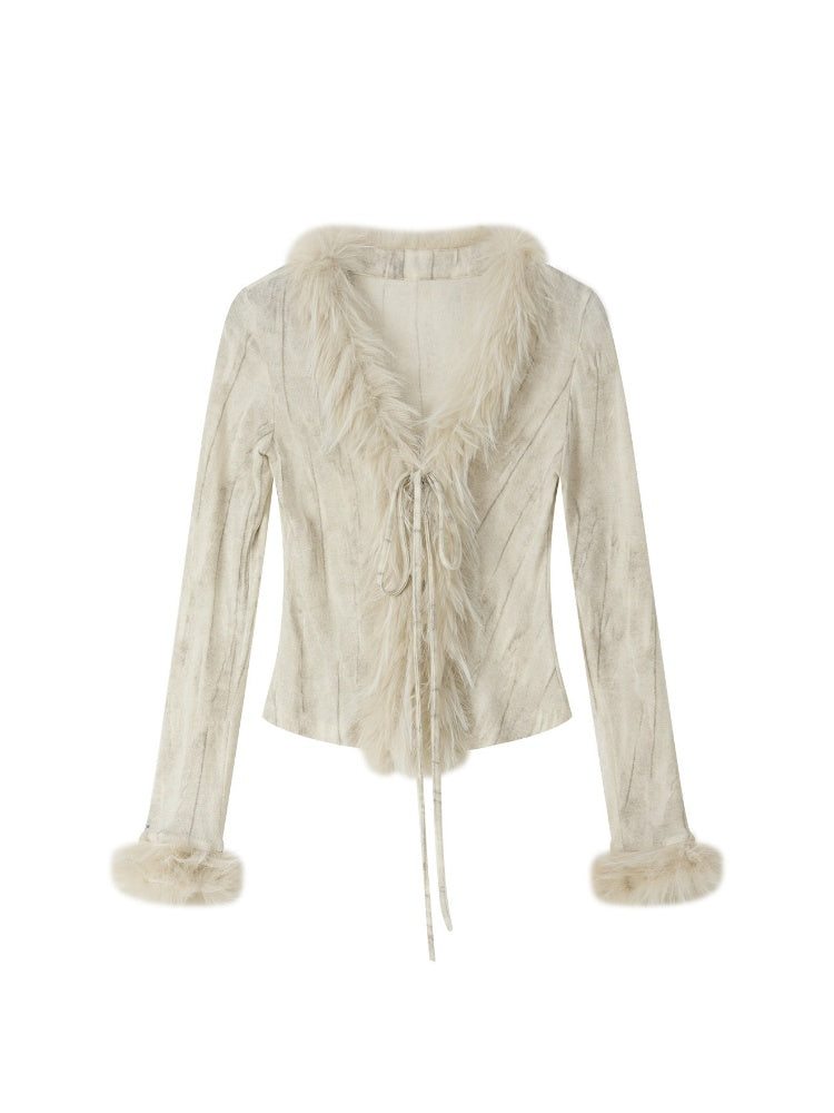 Fur Collar Beige Long Sleeve Short Top【s0000018935】