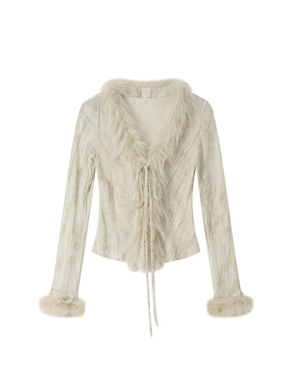 Fur Collar Beige Long Sleeve Short Top【s0000018935】
