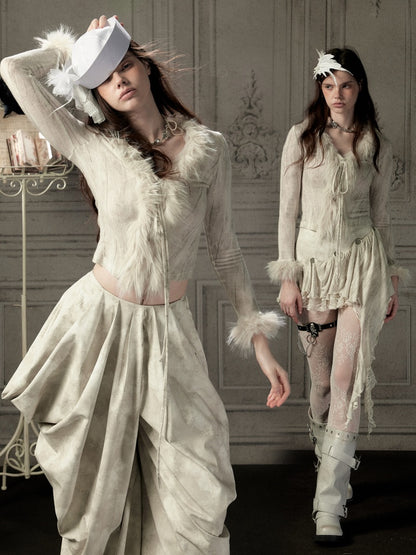 Fur Collar Beige Long Sleeve Short Top【s0000018935】