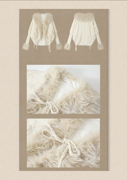 Bat Sleeve Beige Fur Collar Knit Jacket【s0000018936】