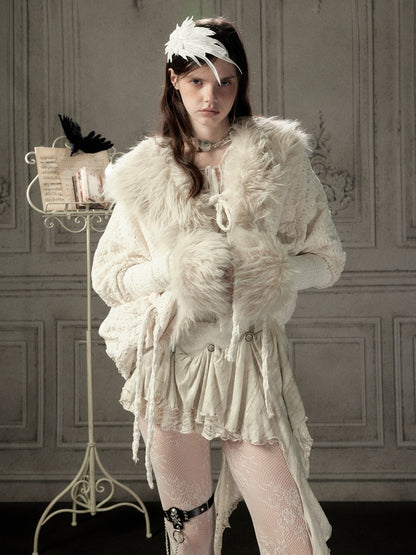 Bat Sleeve Beige Fur Collar Knit Jacket【s0000018936】