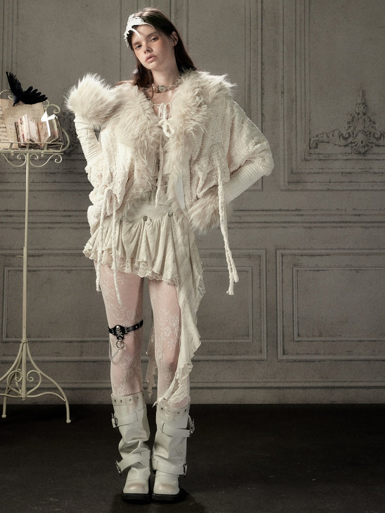Bat Sleeve Beige Fur Collar Knit Jacket【s0000018936】