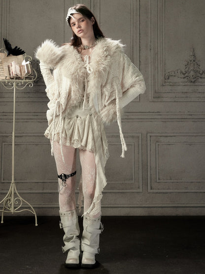 Bat Sleeve Beige Fur Collar Knit Jacket【s0000018936】