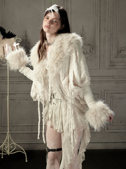 Bat Sleeve Beige Fur Collar Knit Jacket【s0000018936】