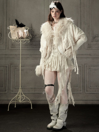 Bat Sleeve Beige Fur Collar Knit Jacket【s0000018936】