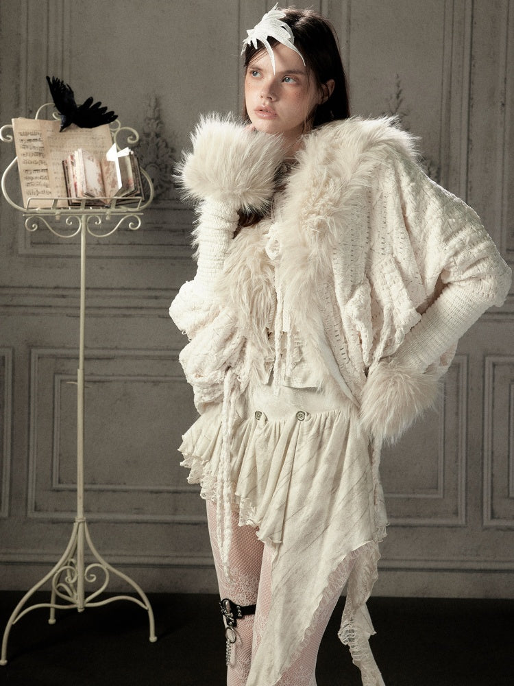 Bat Sleeve Beige Fur Collar Knit Jacket【s0000018936】