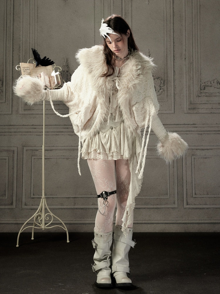 Bat Sleeve Beige Fur Collar Knit Jacket【s0000018936】