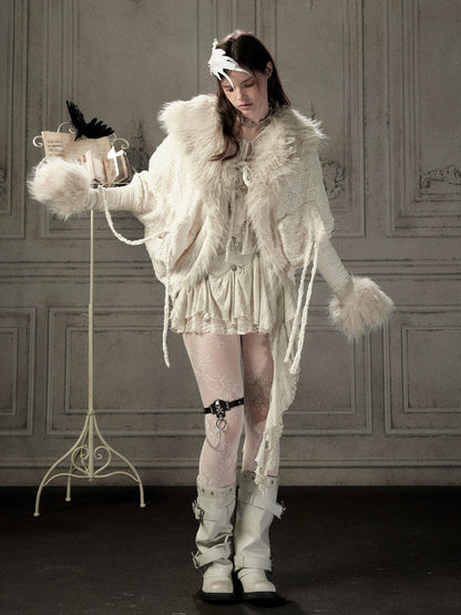 Bat Sleeve Beige Fur Collar Knit Jacket【s0000018936】