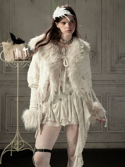 Bat Sleeve Beige Fur Collar Knit Jacket【s0000018936】