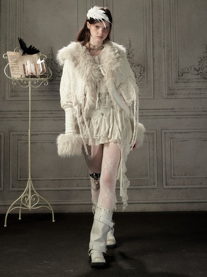 Bat Sleeve Beige Fur Collar Knit Jacket【s0000018936】
