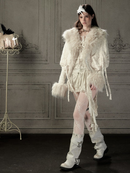 Bat Sleeve Beige Fur Collar Knit Jacket【s0000018936】
