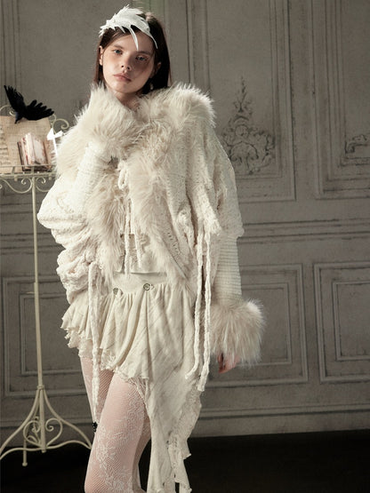 Bat Sleeve Beige Fur Collar Knit Jacket【s0000018936】