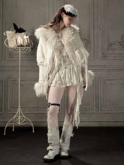 Bat Sleeve Beige Fur Collar Knit Jacket【s0000018936】