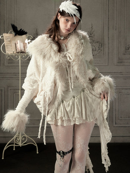 Bat Sleeve Beige Fur Collar Knit Jacket【s0000018936】
