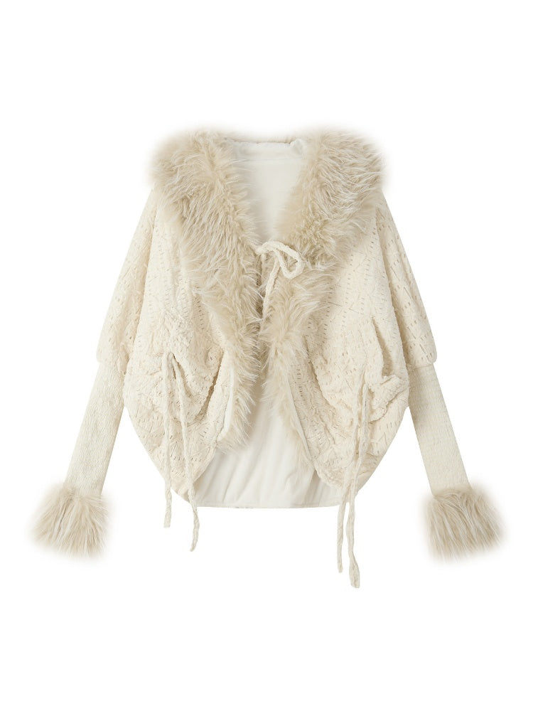 Bat Sleeve Beige Fur Collar Knit Jacket【s0000018936】