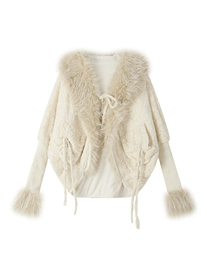 Bat Sleeve Beige Fur Collar Knit Jacket【s0000018936】