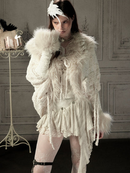 Bat Sleeve Beige Fur Collar Knit Jacket【s0000018936】