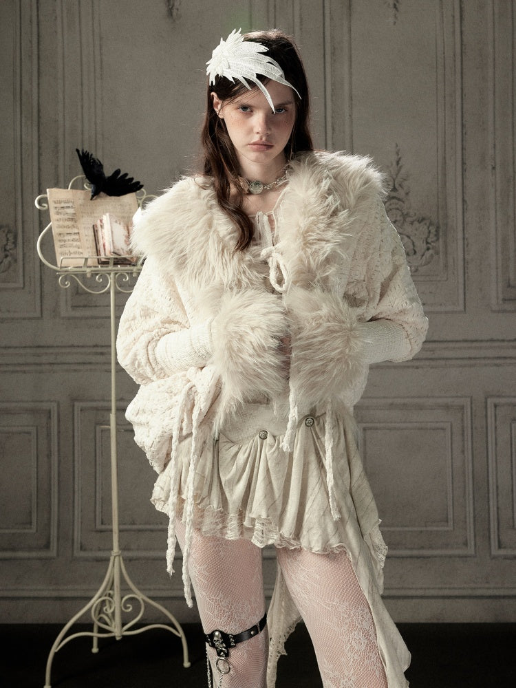 Bat Sleeve Beige Fur Collar Knit Jacket【s0000018936】
