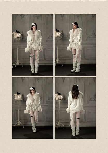 Bat Sleeve Beige Fur Collar Knit Jacket【s0000018936】